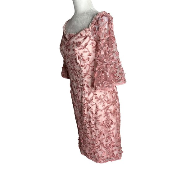 Adrianna Papell Floral Embroidered Dress Size 10 Pink Lace Off Shoulder Sleeves - Picture 5 of 7